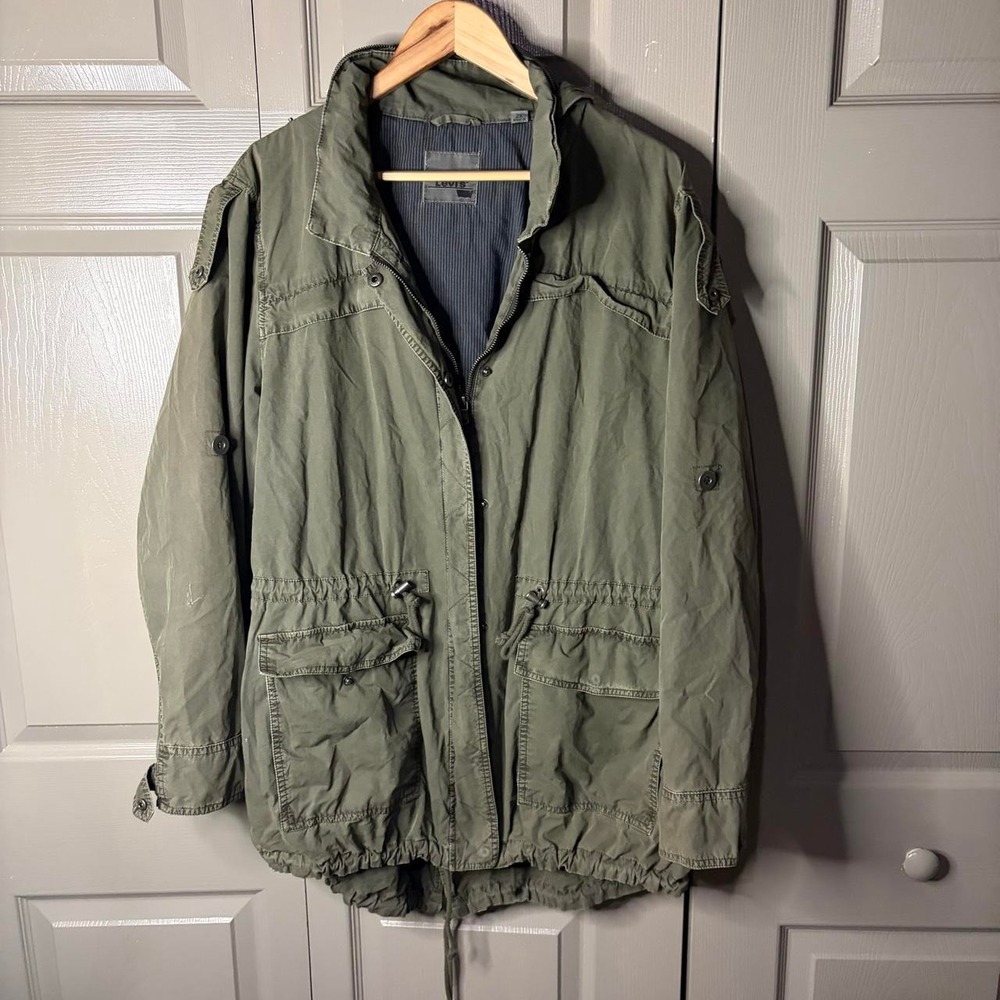 Levis Mens Military Jacket Windbreaker Khaki Green Hooded Utility Coat XXL